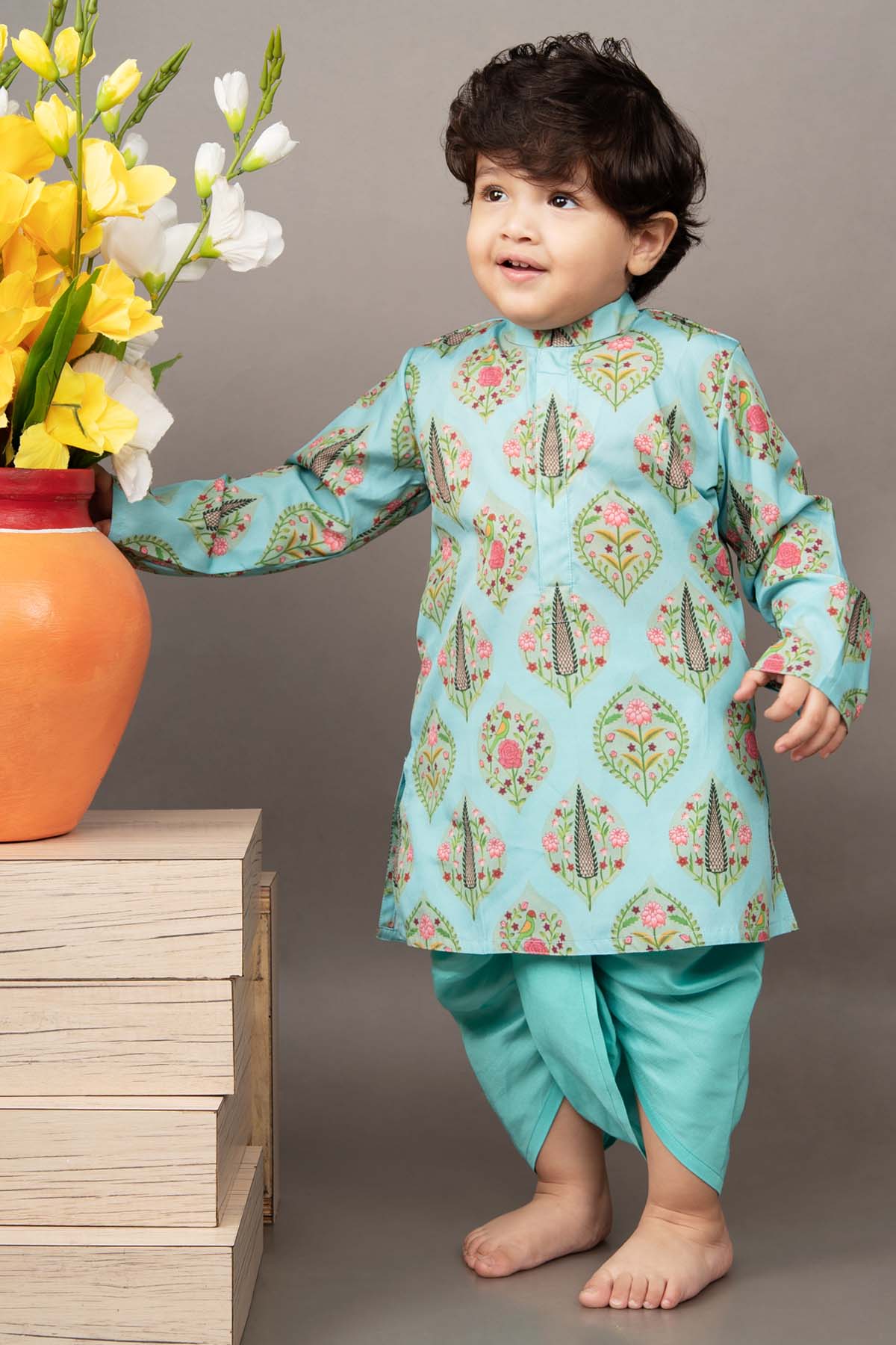 Little Brats Dhoti Delight: Aqua Printed Kurta Set kidswear at scrollnshops